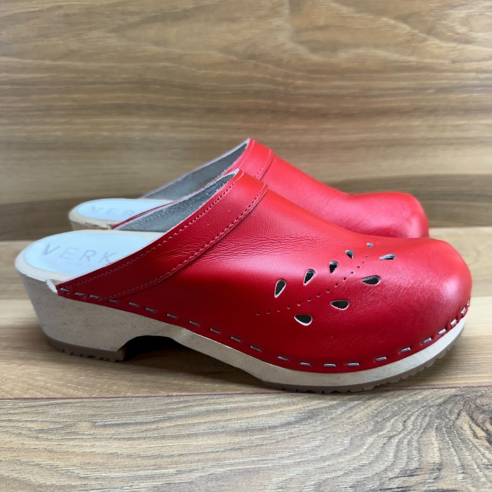 VERKA Blomma Clogs Womens 6 6.5 EU 37 Red Leather Slip On Wooden Cottagecore - Picture 5 of 12
